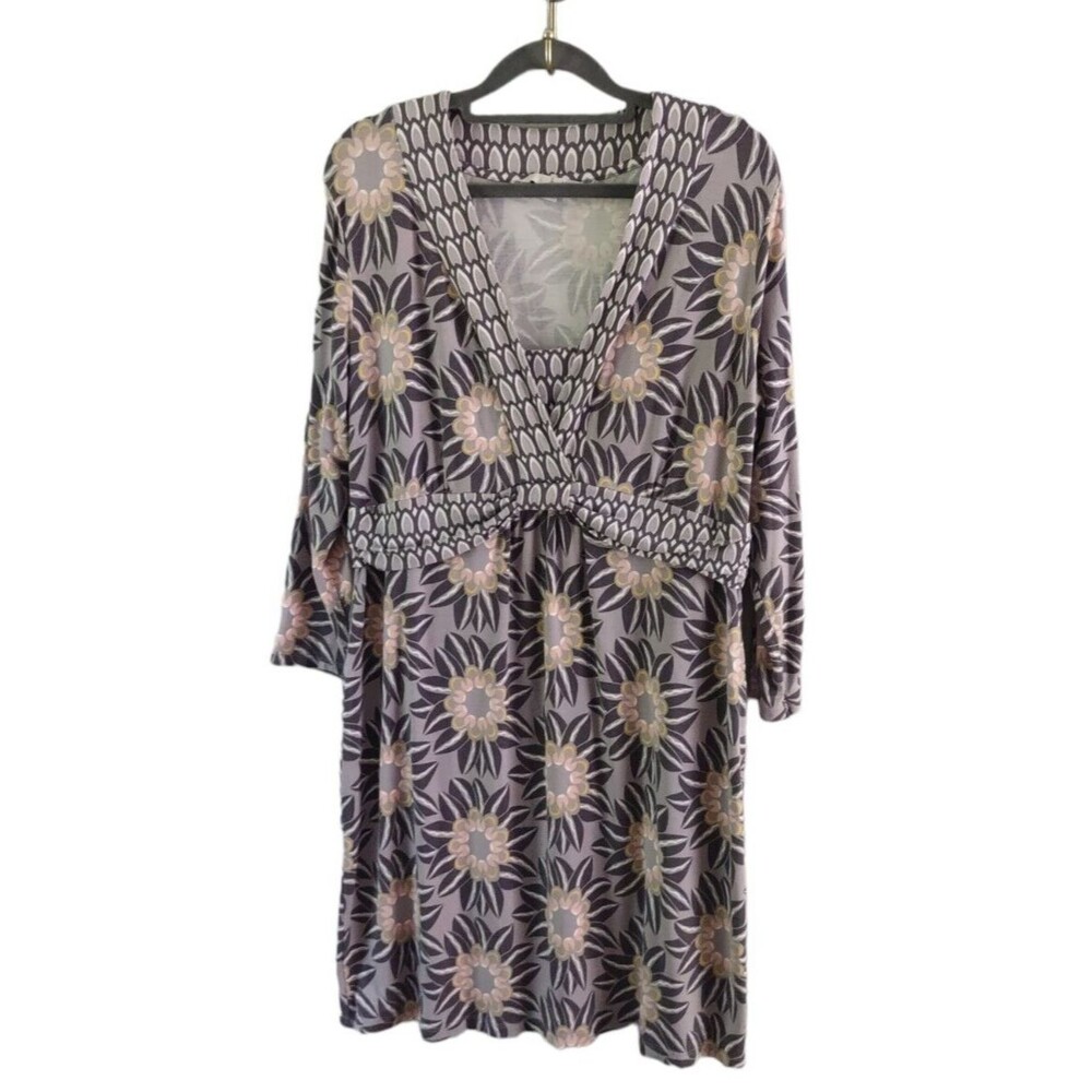 Boden Retro Faux Wrap Geometric Gray Dress Womens 14 R WL660 Jersey Casual
